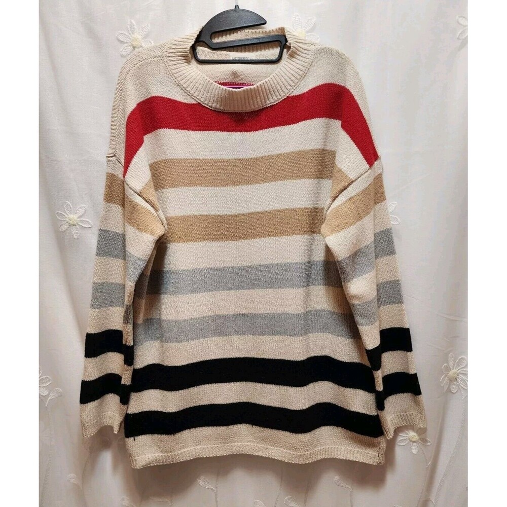 ANDTHEWHY WOMENS M/L BEIGE MULTICOLOR WIDE STRIPE SWEATER CHUNKY KNIT NAUTICAL